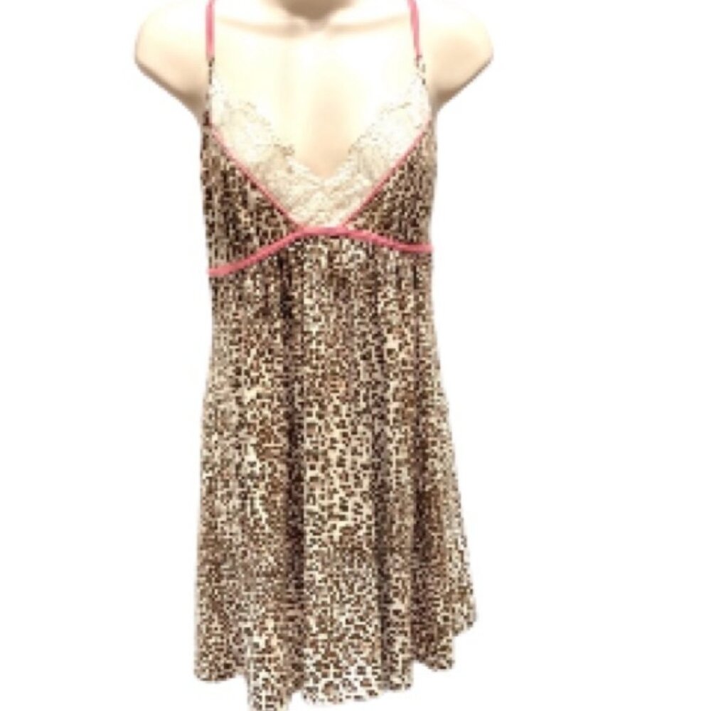 IN BLOOM by JONQUIL Cheetah Print  Chemise Cream Lace, Pink Trim Womens Large